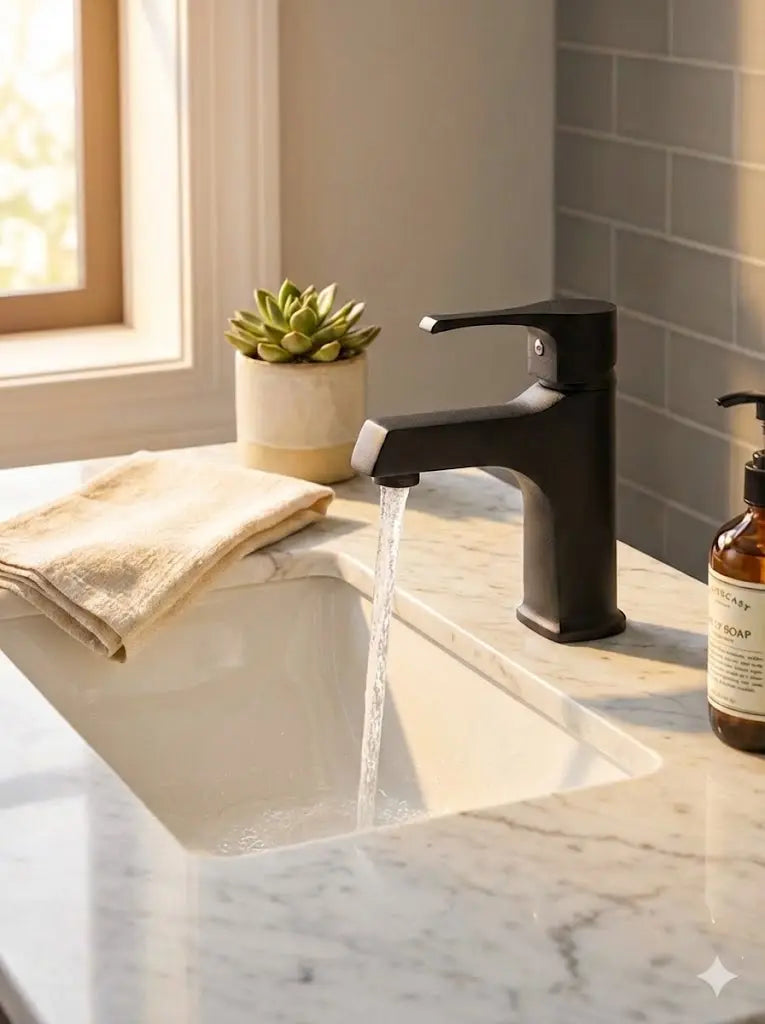 Simsiyah Lotus Sabit Lavabo Bataryası Aç - Kapa Lavabo Musluğu Çift Su Girişli 5 yıl Garantili Sardıcı