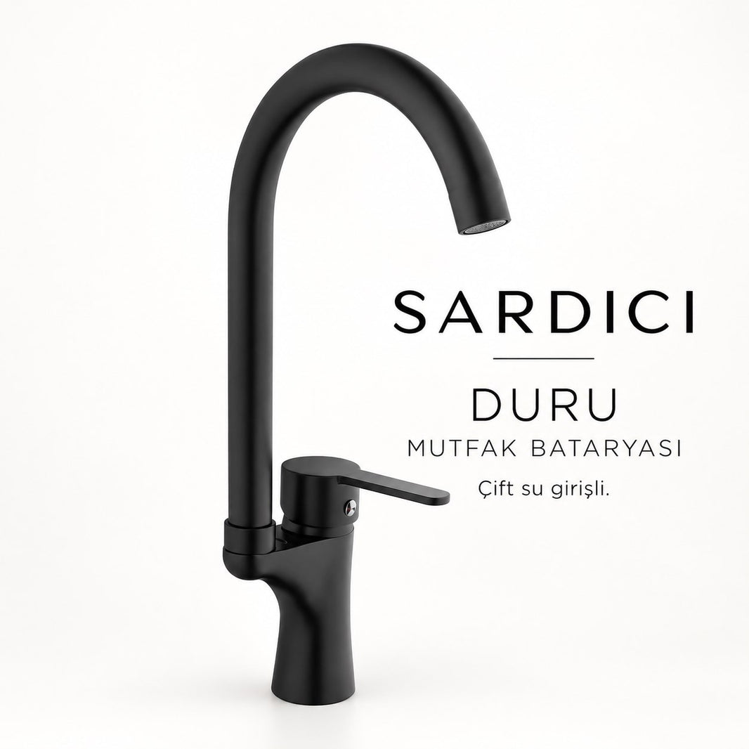 Sardıcı Duru Siyah Mutfak Evye Bataryası Pirinç Gövde Çift Su Girişli Tam Takım