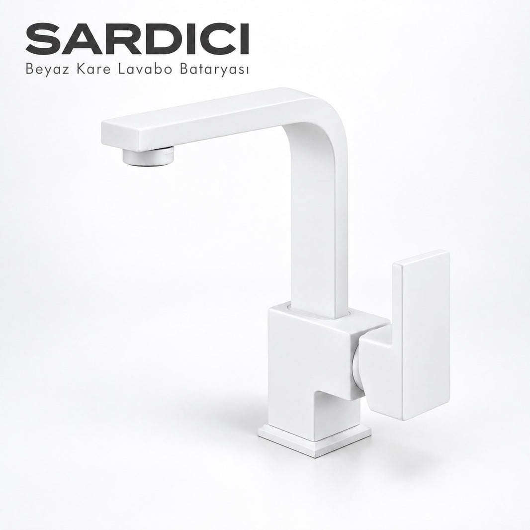 Sardıcı Beyaz Kare Lavabo Bataryası Geniş Kumanda Kollu Çift Su Girişli