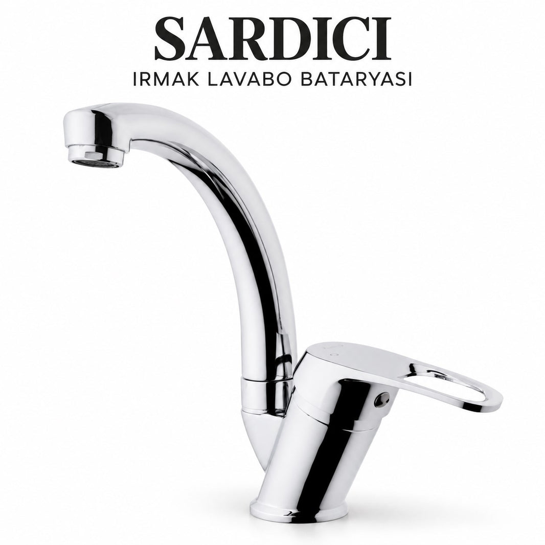 Sardıcı Irmak Krom Kısa Kuğu Lavabo Bataryası Çift Su Girişli 40 cm Hortum ve Montaj Takımı Dahil