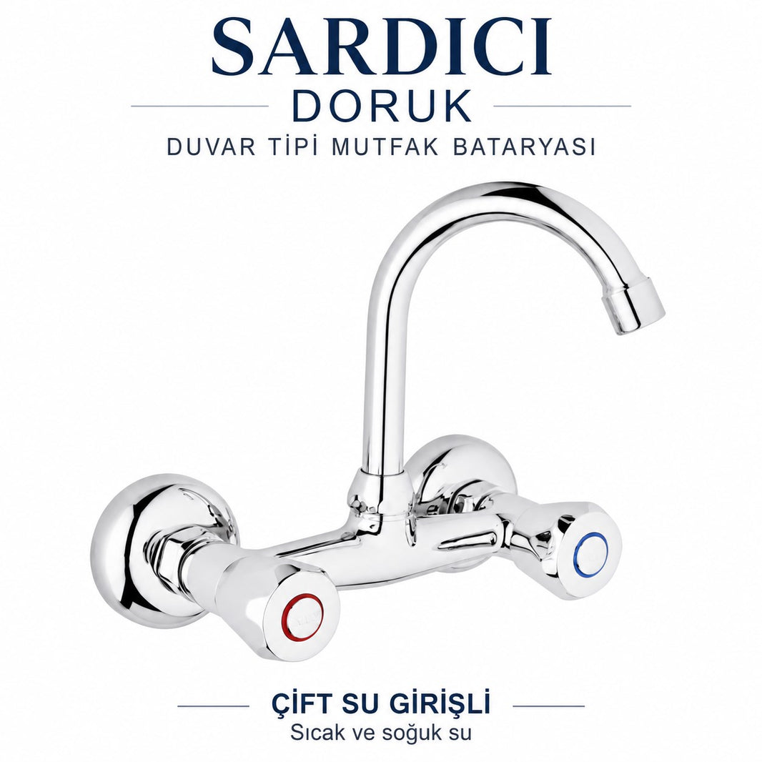 Sardıcı Doruk Krom Duvar Tipi Dik Borulu Mutfak Evye Bataryası Çift Su Girişli Dirsek Rozet Takımı Dahil