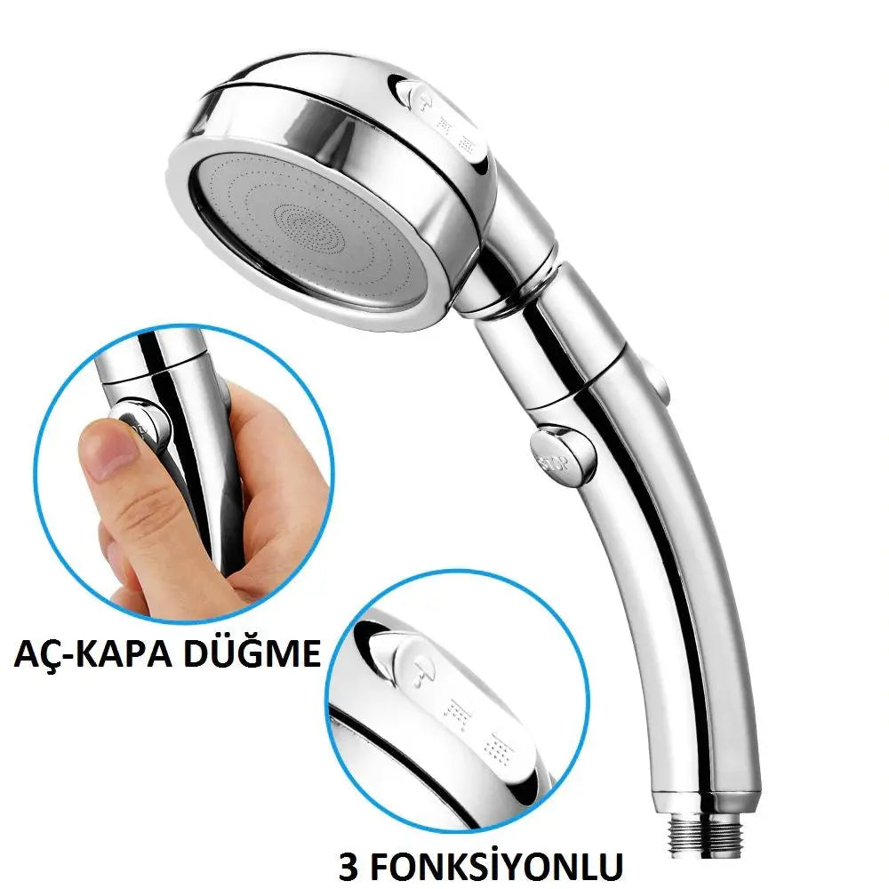Duş Başlığı Aç Kapa Özellikli 3 Kademeli Su Akış Ayar Fonksiyonu Start Stop Özellikli