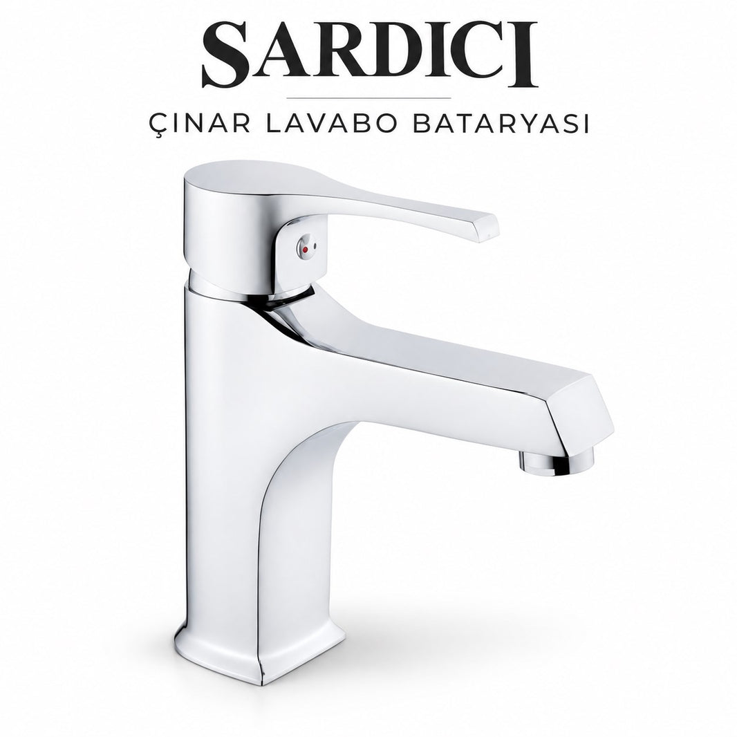 Sardıcı Çınar Krom Lavabo Bataryası Çift Su Girişli 40 cm Hortum ve Montaj Takımı Dahil