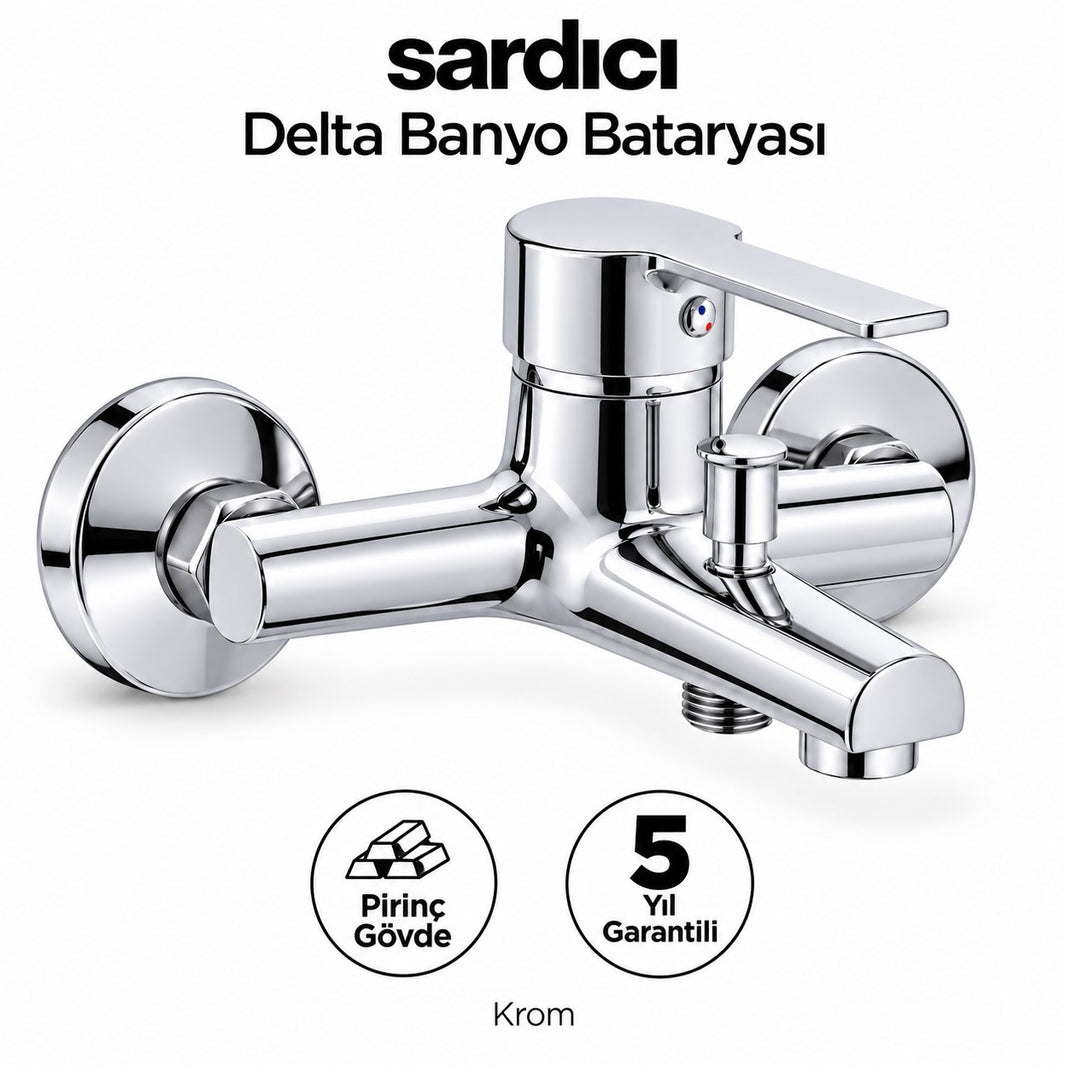 Sardıcı Delta Krom Pirinç Banyo Bataryası Dirsek Rozet Dahil 5 Yıl Garantili