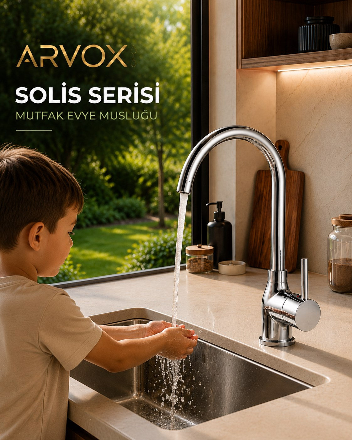 ARVOX Solis Evye Bataryası Krom Mutfak Musluğu Pirinç Gövde 304 Paslanmaz Çelik 5 Yıl Garantili