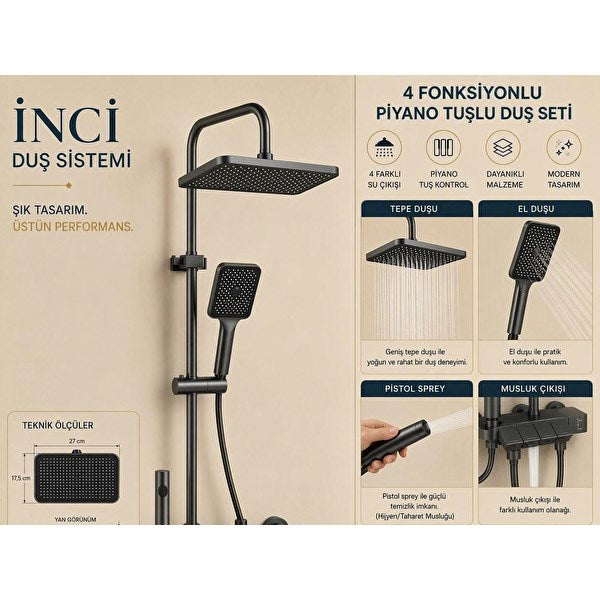 Sardıcı Piano 4 Fonksiyonlu Antrasit Banyo Bataryası ve Tepe Duş Seti