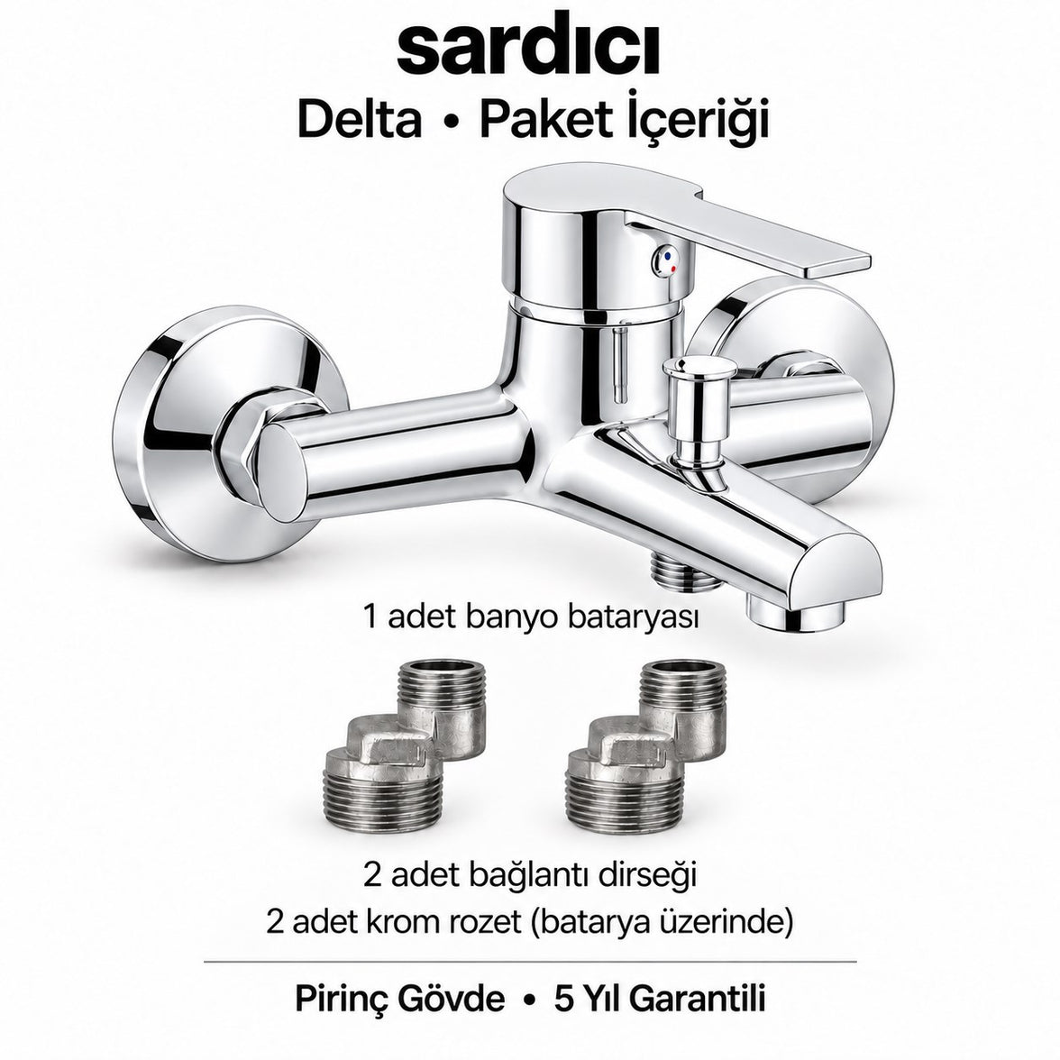 Sardıcı Delta Krom Pirinç Banyo Bataryası Dirsek Rozet Dahil 5 Yıl Garantili