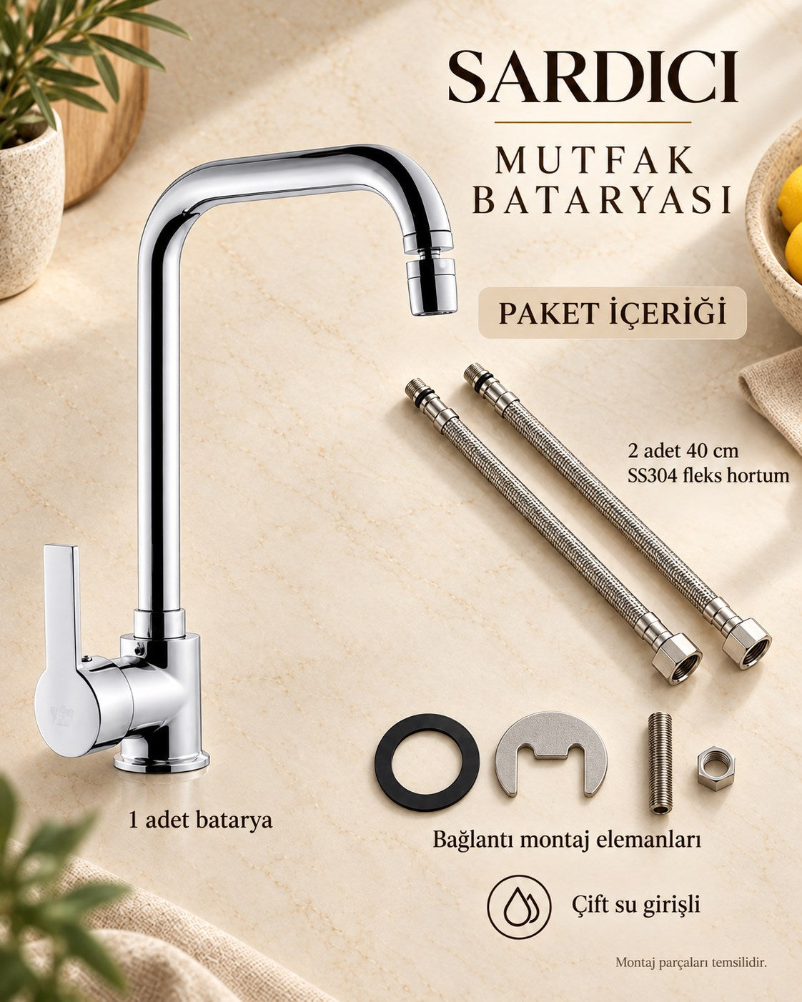 Sardıcı Oynar Başlıklı Mutfak Evye Bataryası Krom Çift Su Girişli Döner Borulu 