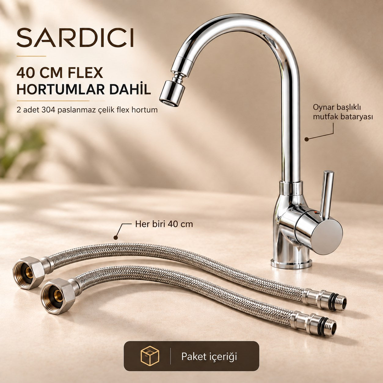 Sardıcı Akış Oynar Başlıklı Mutfak Bataryası 40 cm 304 Flex Hortumlu Pirinç Gövde 5 Yıl Garantili