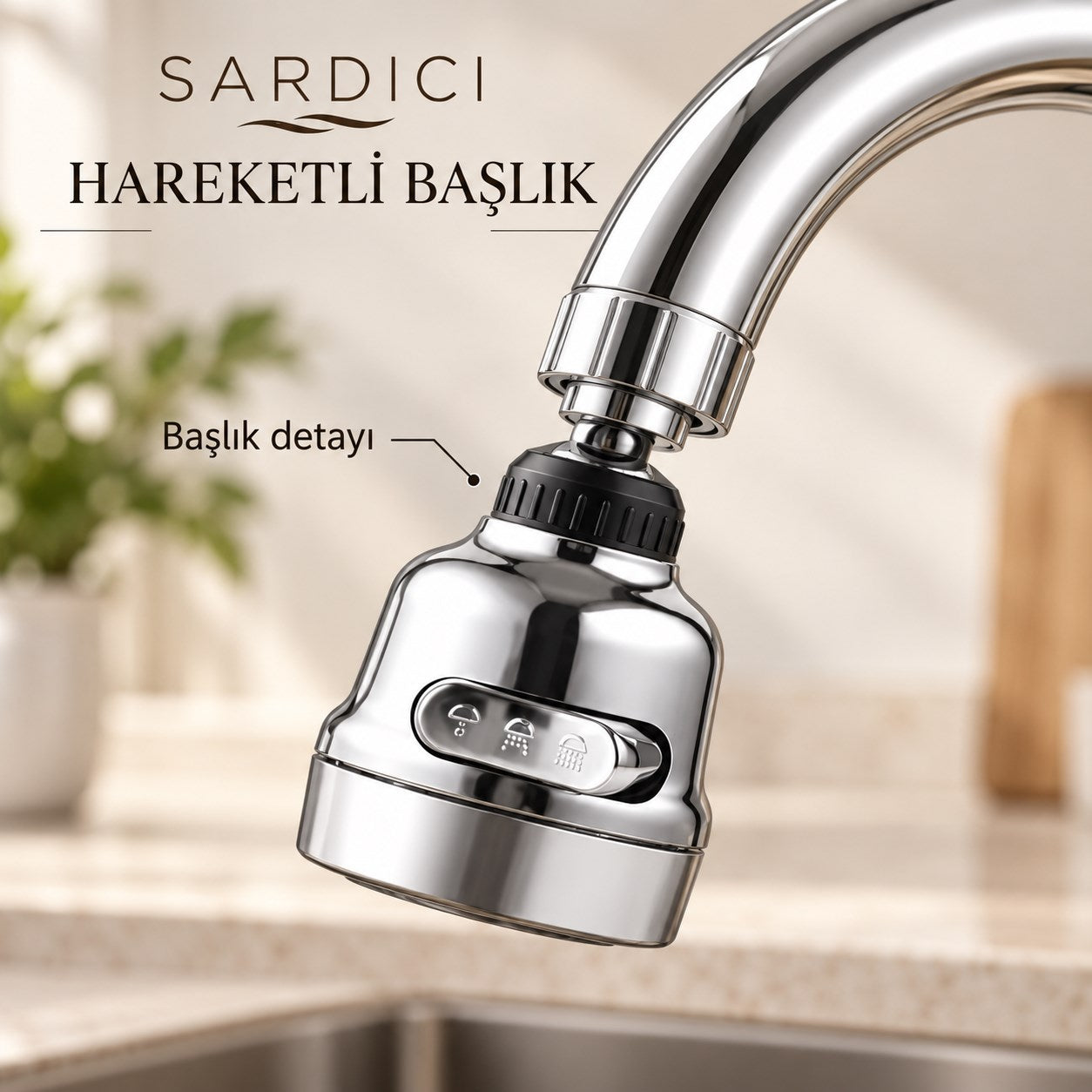 Sardıcı Akış 3 Modlu Oynar Başlıklı Mutfak Bataryası Pirinç Gövde 40 cm Flex Hortumlu 5 Yıl Garantili