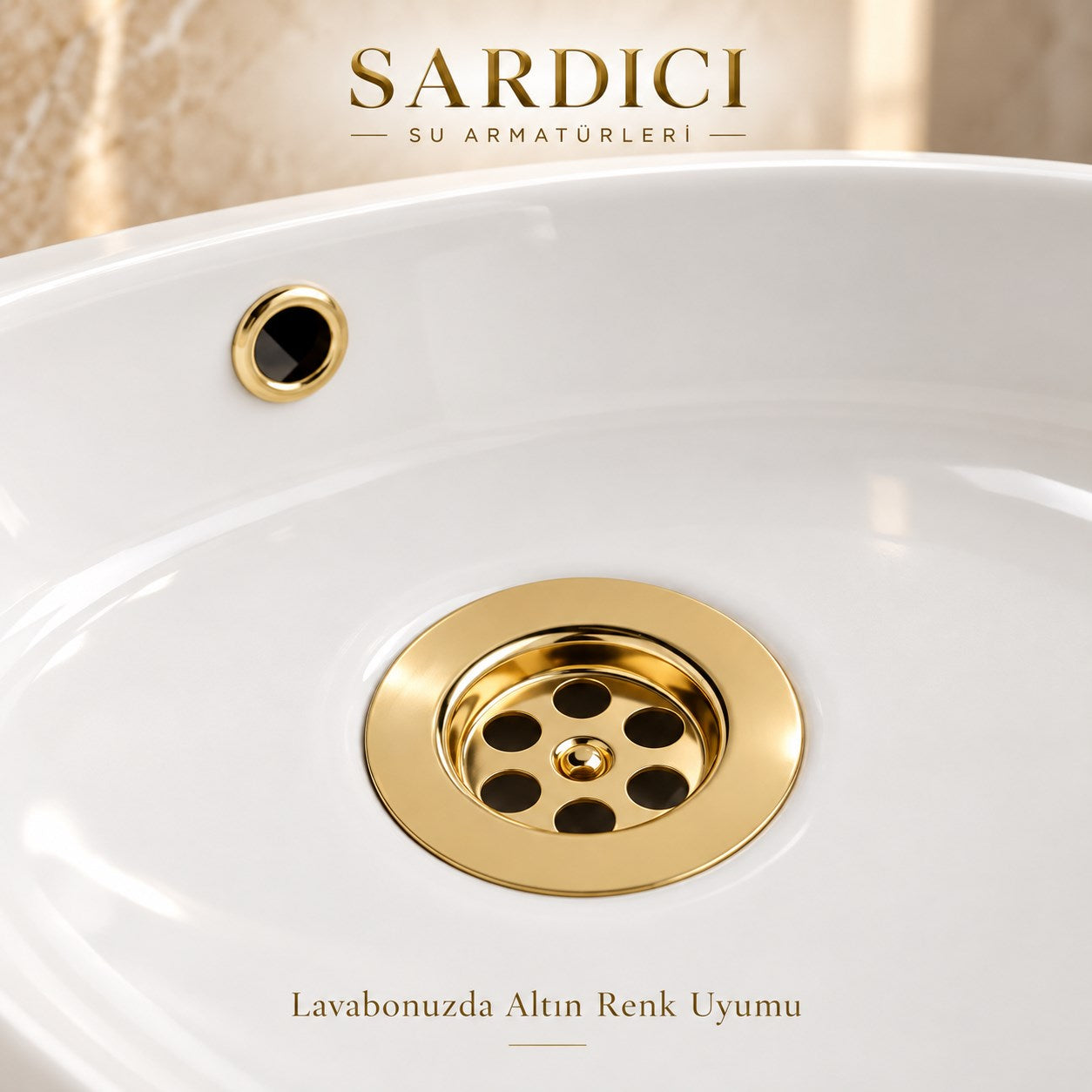 Sardıcı Altın Renk Lavabo Süzgeci ve Su Taşma Yüzüğü Seti