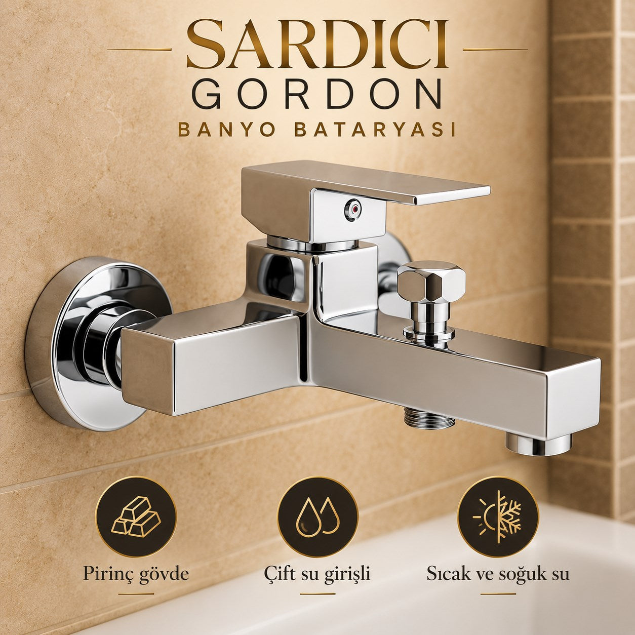 Sardıcı Gordon 3’lü Mutfak Lavabo Banyo Batarya Seti Pirinç Gövde Çift Su Girişli