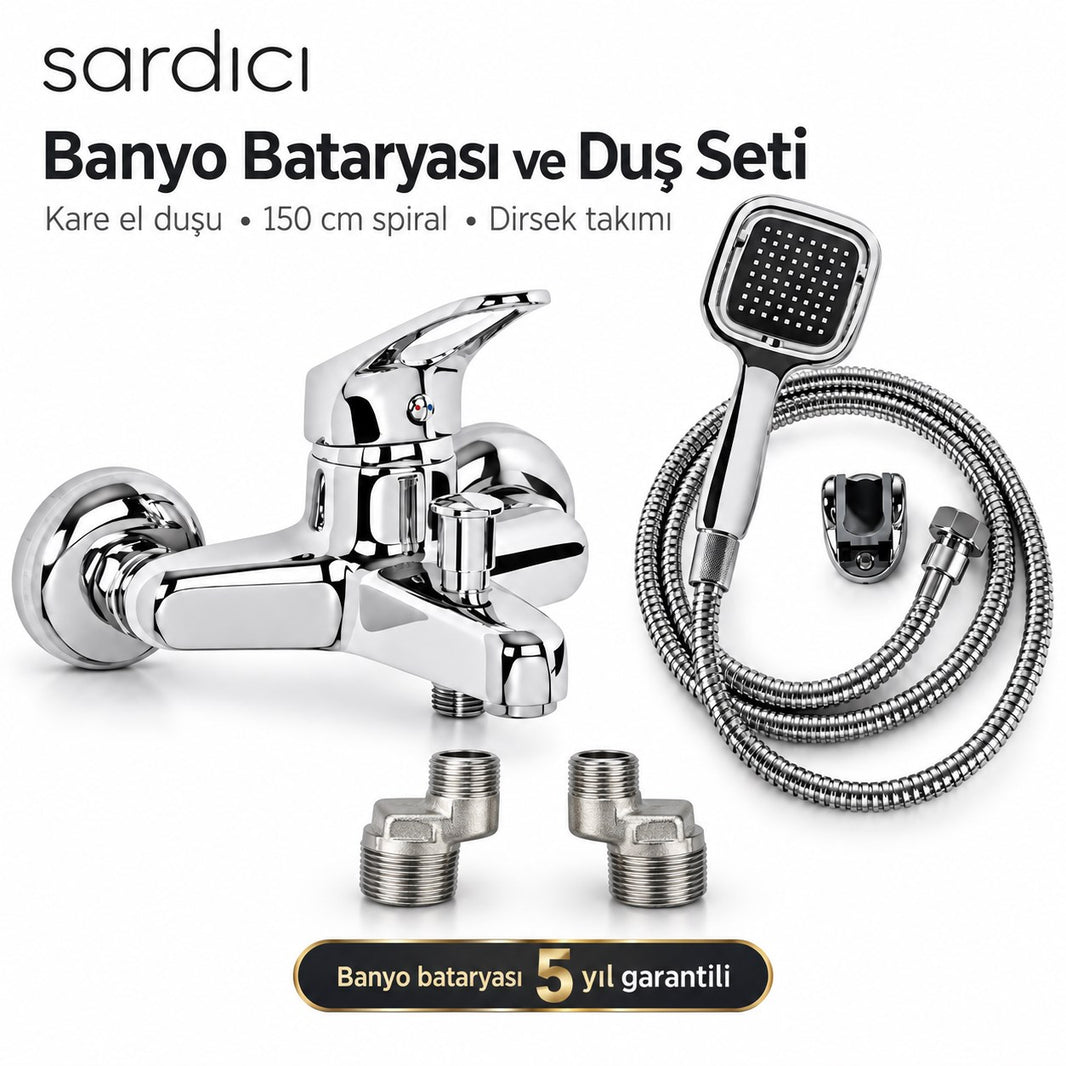 Sardıcı Krom Banyo Bataryası Seti Kare El Duşu 150 cm Spiral ve Dirsek Takımı – Batarya 5 Yıl Garantili