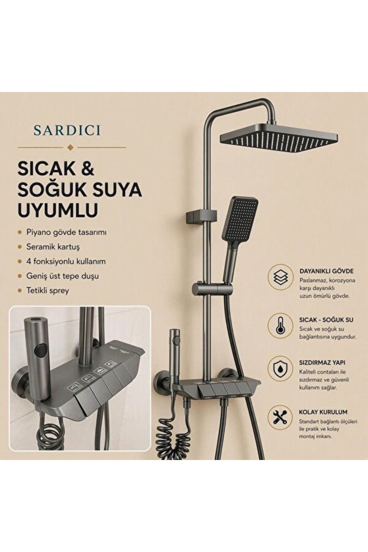 Sardıcı Piano 4 Fonksiyonlu Antrasit Banyo Bataryası ve Tepe Duş Seti – 5. görsel