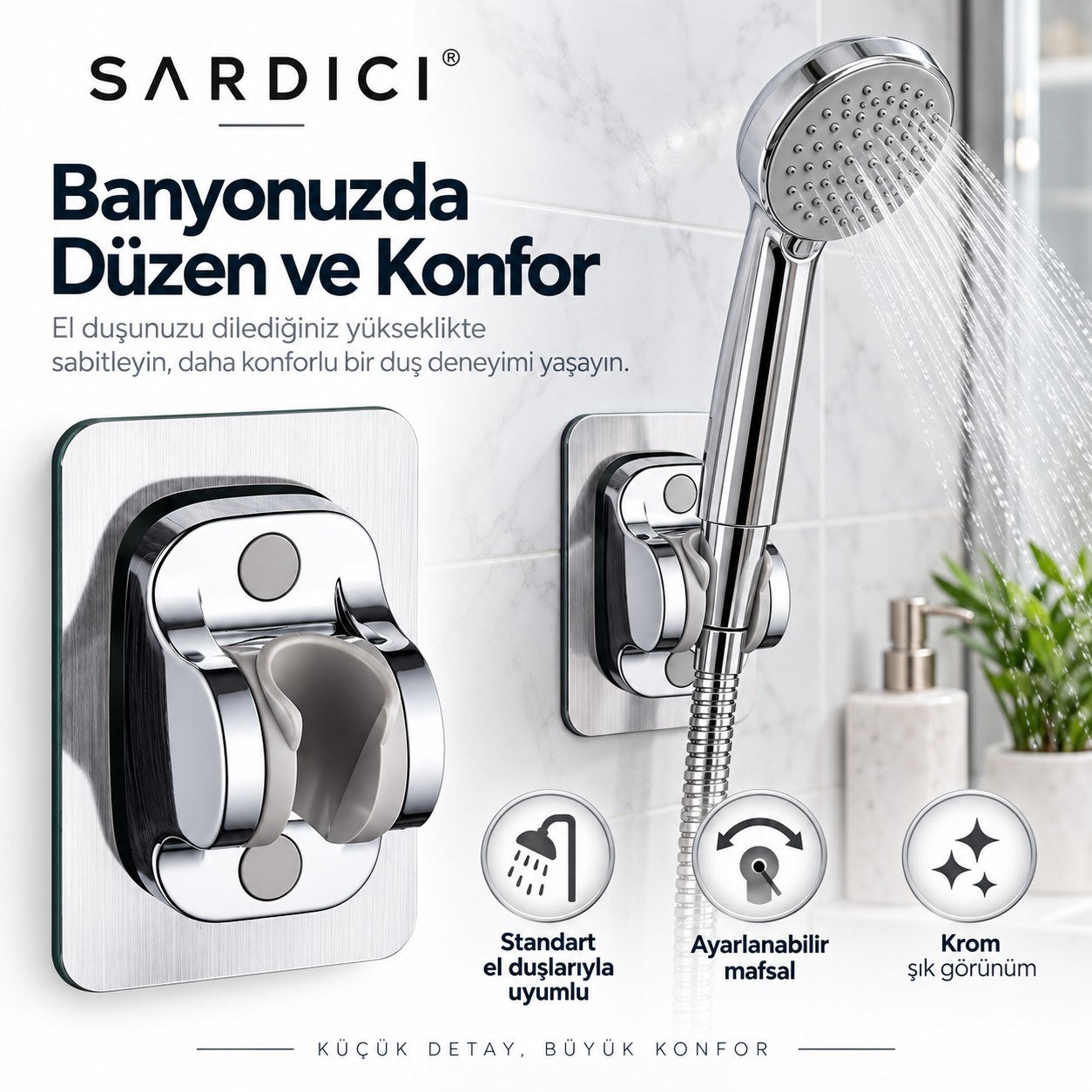 Sardıcı Krom Kendinden Yapışkanlı Duş Başlığı Askısı Ayarlanabilir Mafsallı
