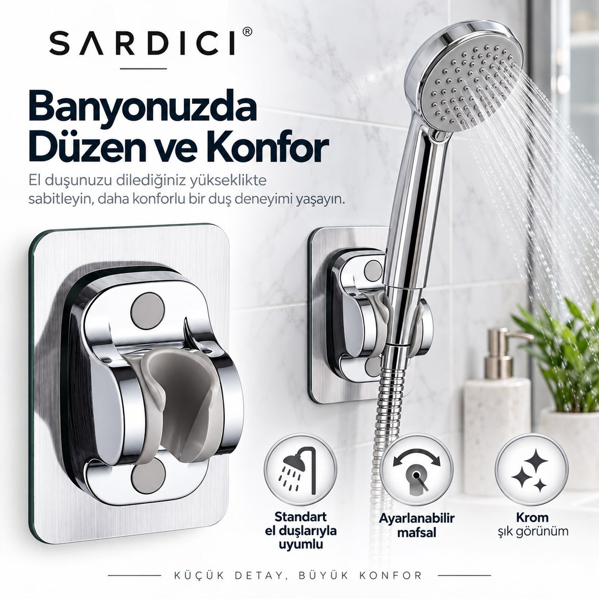 Sardıcı Krom Kendinden Yapışkanlı Duş Başlığı Askısı Ayarlanabilir Mafsallı
