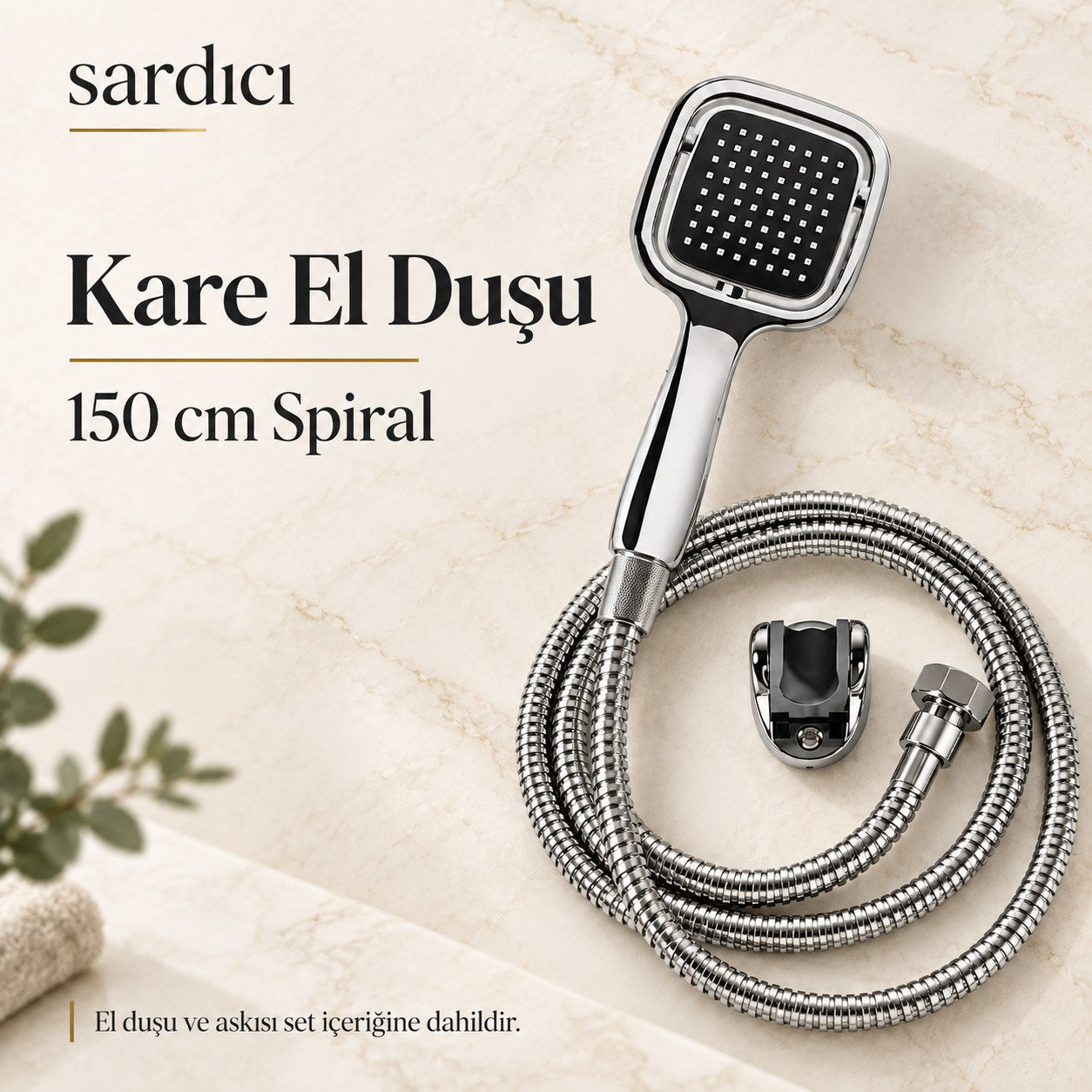 Sardıcı Krom Banyo Bataryası Seti Kare El Duşu 150 cm Spiral ve Dirsek Takımı – Batarya 5 Yıl Garantili