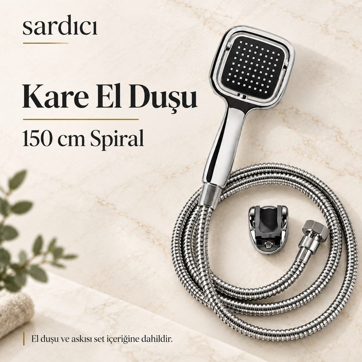 Sardıcı Krom Banyo Bataryası Seti Kare El Duşu 150 cm Spiral ve Dirsek Takımı – Batarya 5 Yıl Garantili