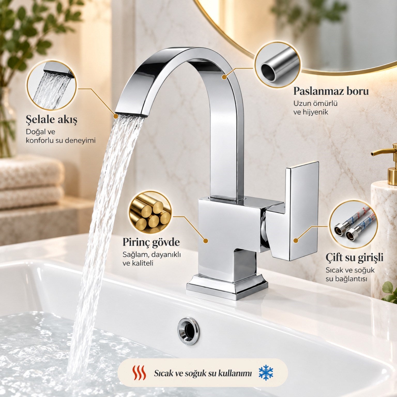 Sardıcı Şelale Lavabo Bataryası Krom Çift Su Girişli 5 Yıl Garantili