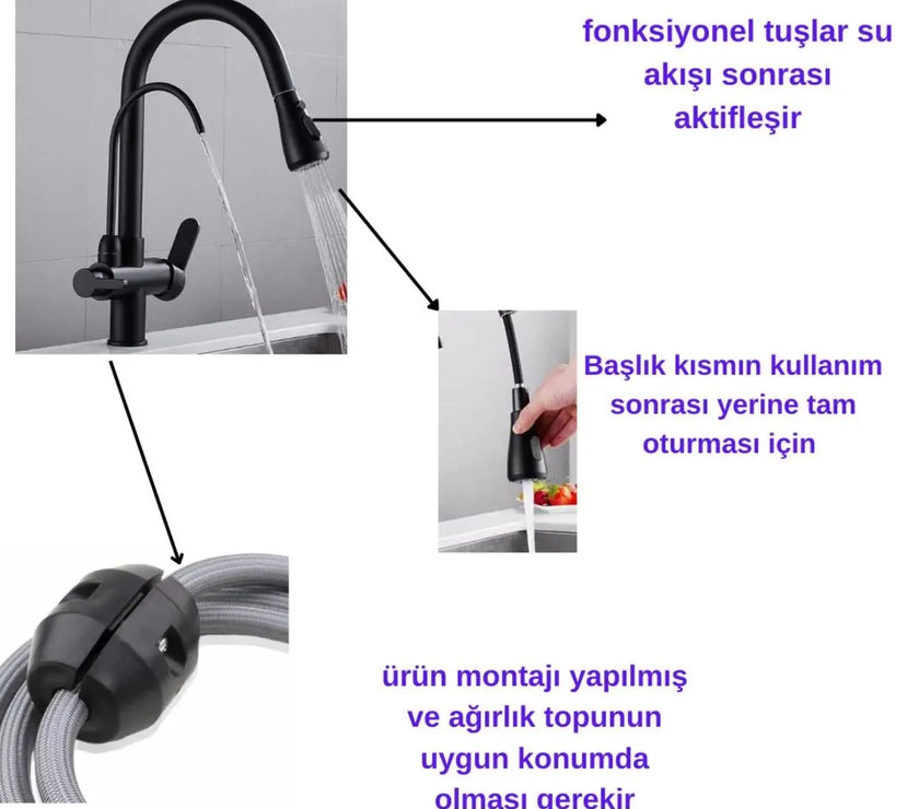 Arıtmalı Uzayan Hortumlu Mutfak Eviye  Musluğu  3 Yollu Siyah 304 Paslanmaz Metal 