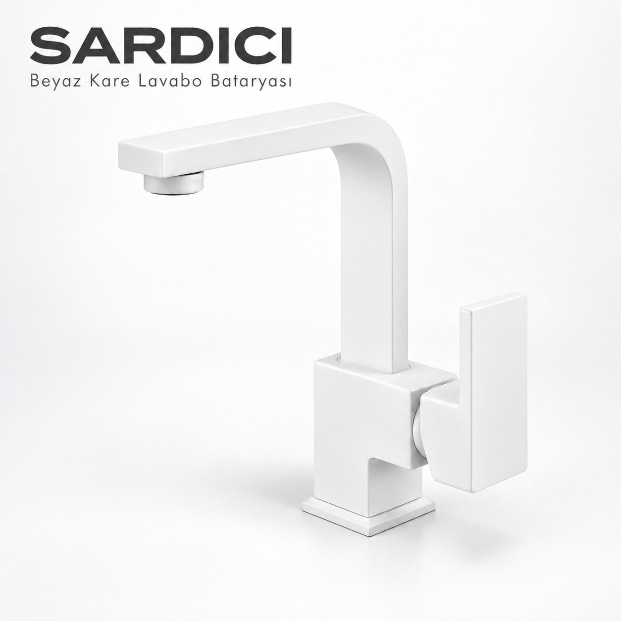 Sardıcı Beyaz Kare Lavabo Bataryası Geniş Kumanda Kollu Çift Su Girişli