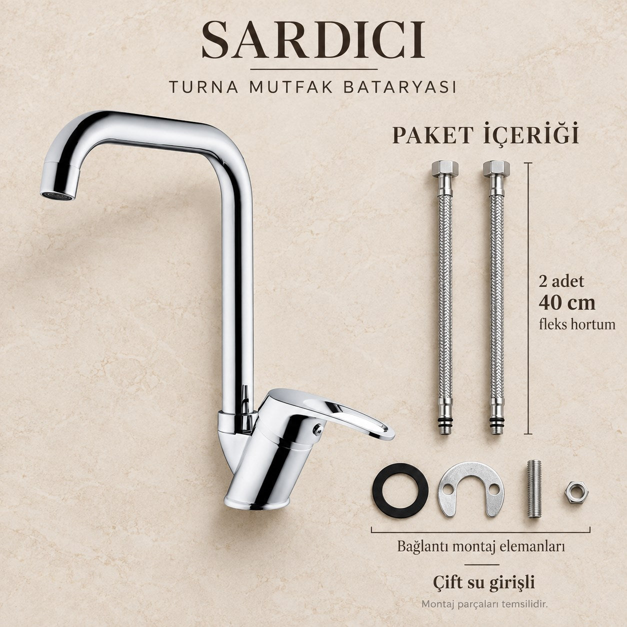 Sardıcı Turna Mutfak Evye Bataryası Krom Pirinç Gövde Çift Su Girişli Tam Takım
