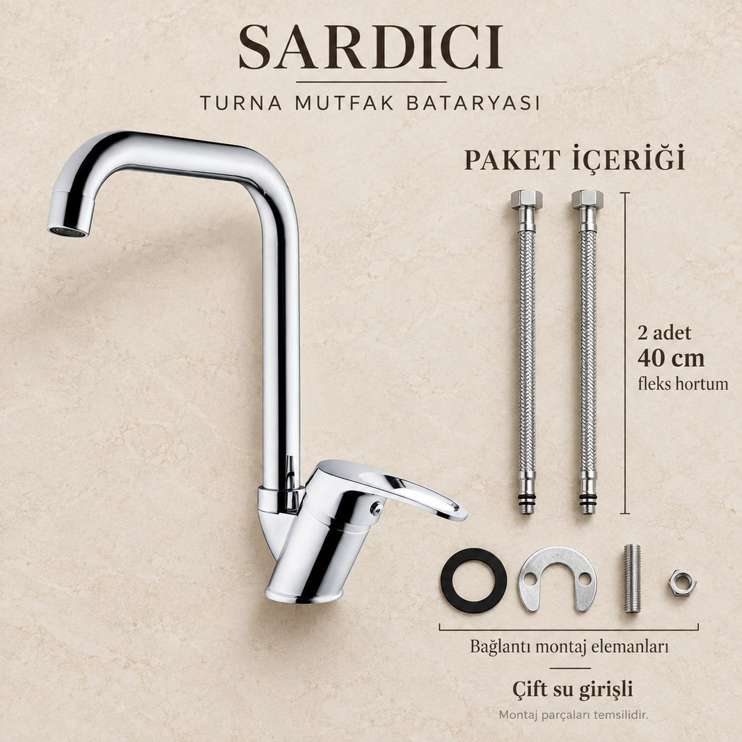 Sardıcı Turna Mutfak Evye Bataryası Krom Pirinç Gövde Çift Su Girişli Tam Takım – 2. görsel