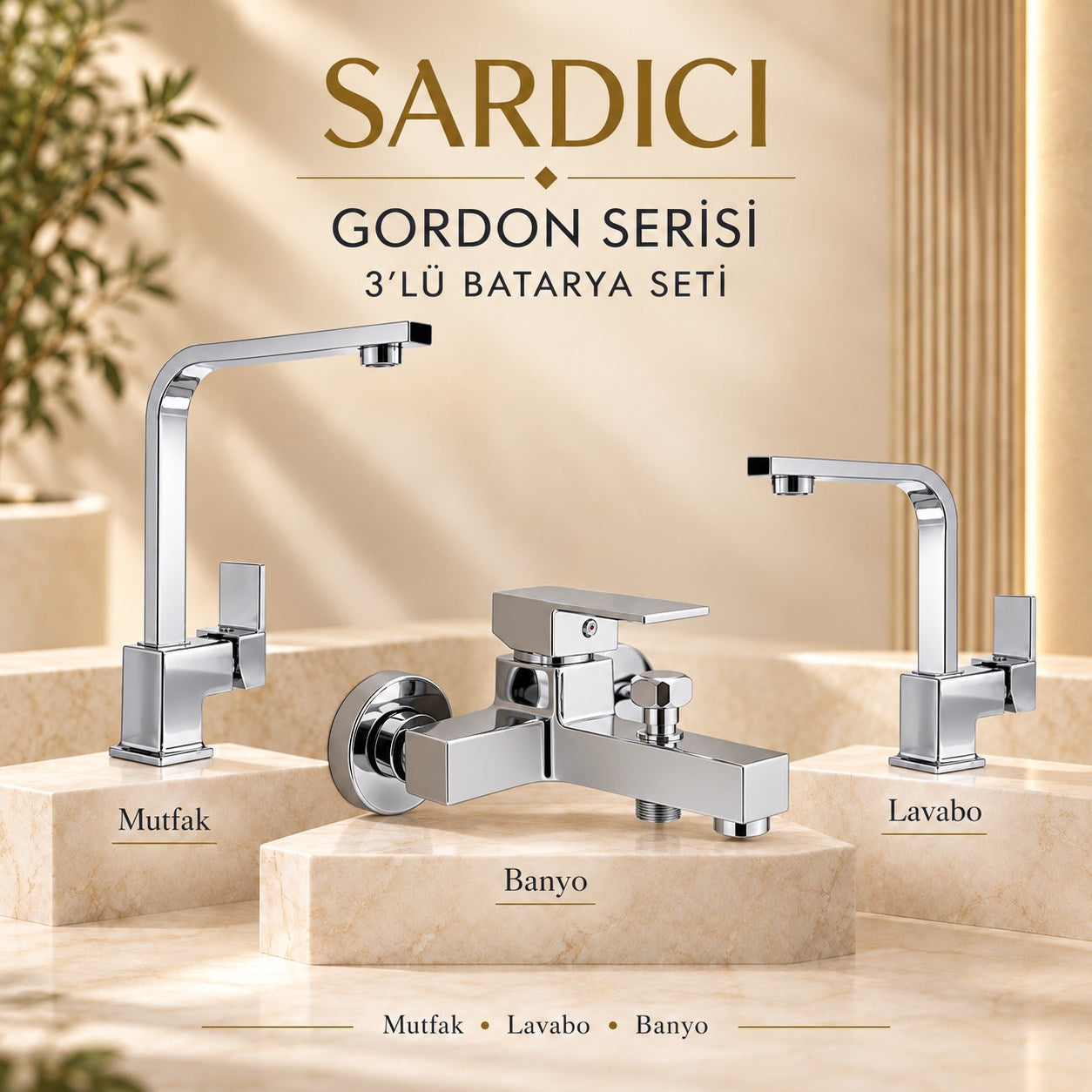Sardıcı Gordon 3’lü Mutfak Lavabo Banyo Batarya Seti Pirinç Gövde Çift Su Girişli