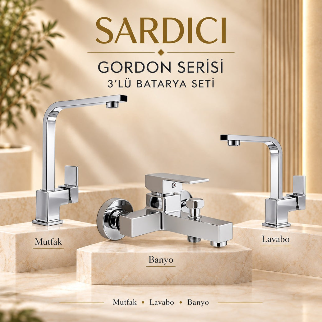 Sardıcı Gordon 3'lü Mutfak Lavabo Banyo Batarya Seti Pirinç Gövde Çift Su Girişli