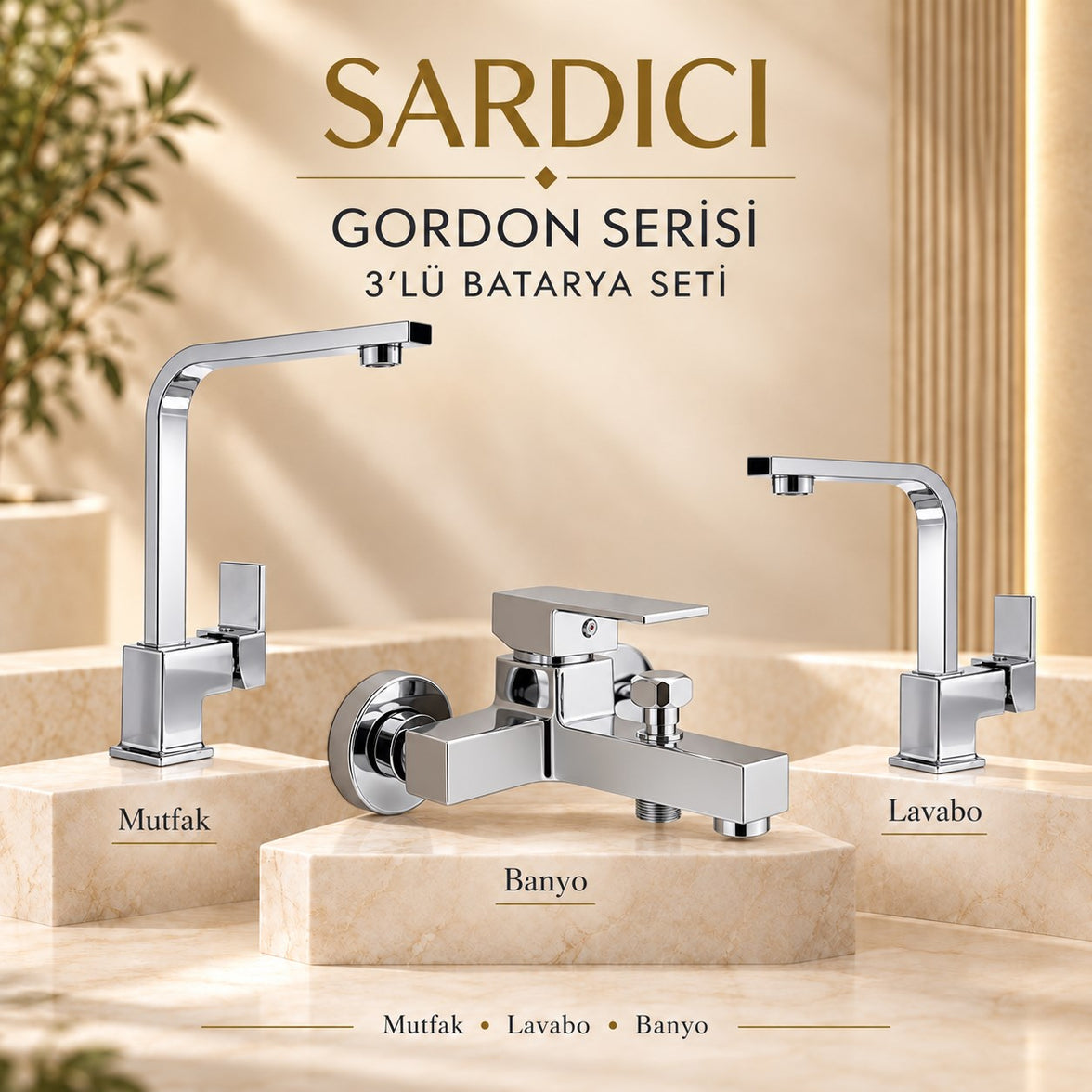 Sardıcı Gordon 3’lü Mutfak Lavabo Banyo Batarya Seti Pirinç Gövde Çift Su Girişli