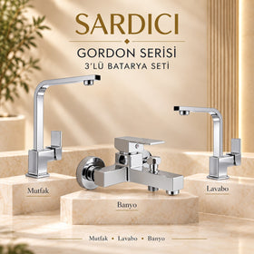 Sardıcı Gordon 3’lü Mutfak Lavabo Banyo Batarya Seti Pirinç Gövde Çift Su Girişli