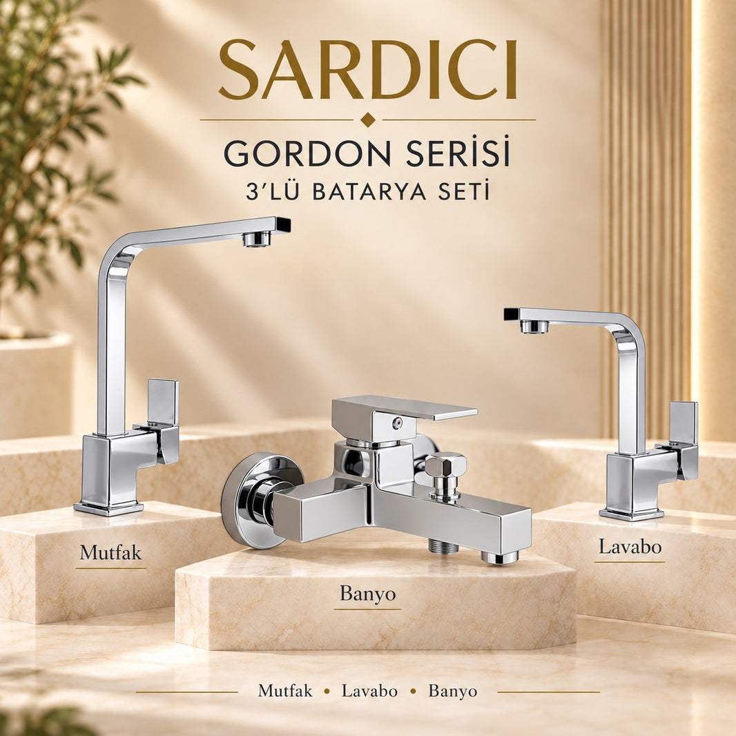 Sardıcı Gordon 3’lü Mutfak Lavabo Banyo Batarya Seti Pirinç Gövde Çift Su Girişli