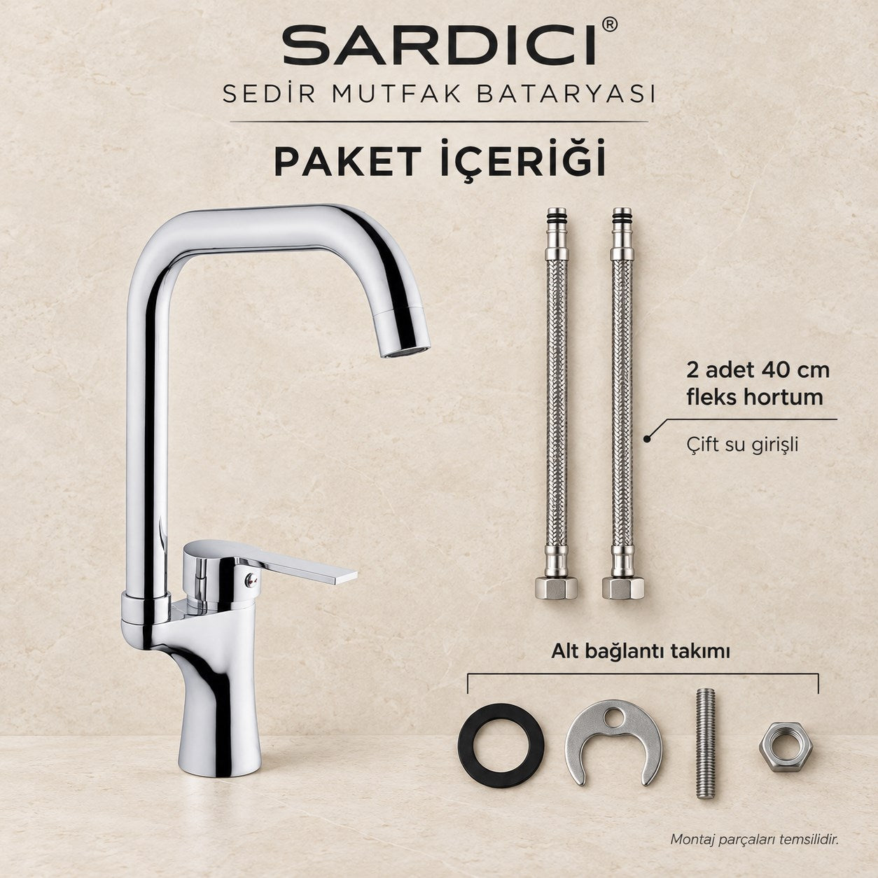 Sardıcı Sedir Mutfak Evye Bataryası Krom Pirinç Gövde Çift Su Girişli Tam Takım