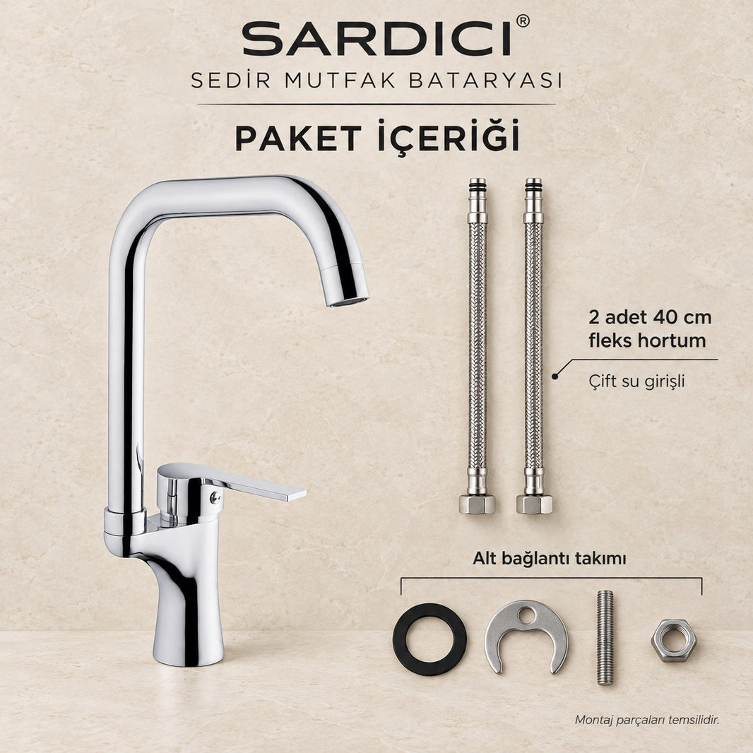 Sardıcı Sedir Mutfak Evye Bataryası Krom Pirinç Gövde Çift Su Girişli Tam Takım – 2. görsel