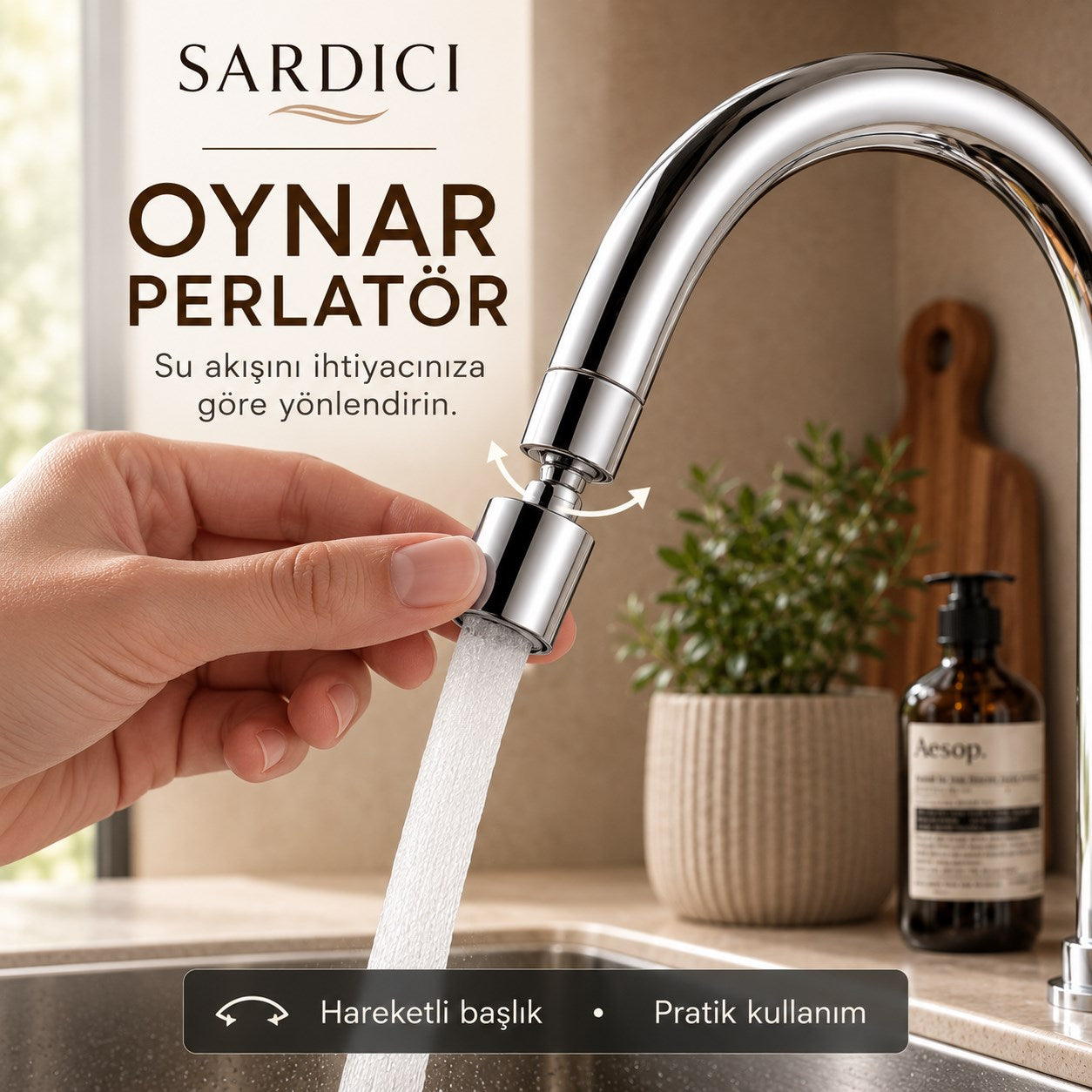 Sardıcı Akış Oynar Başlıklı Mutfak Bataryası 40 cm 304 Flex Hortumlu Pirinç Gövde 5 Yıl Garantili