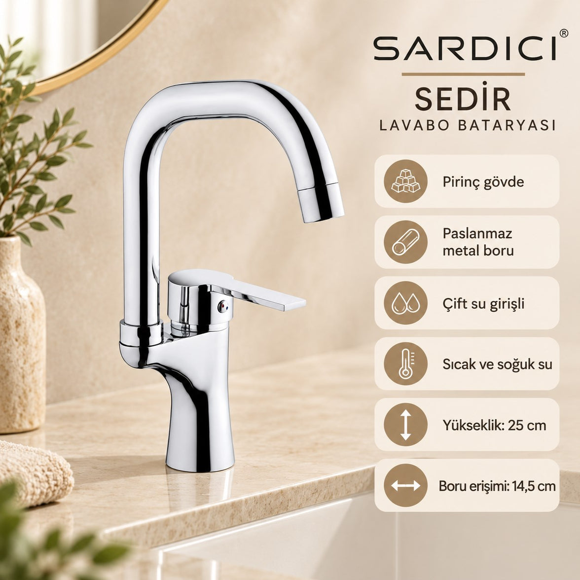 Sardıcı Sedir Lavabo Bataryası Krom Pirinç Gövde Çift Su Girişli Tam Takım