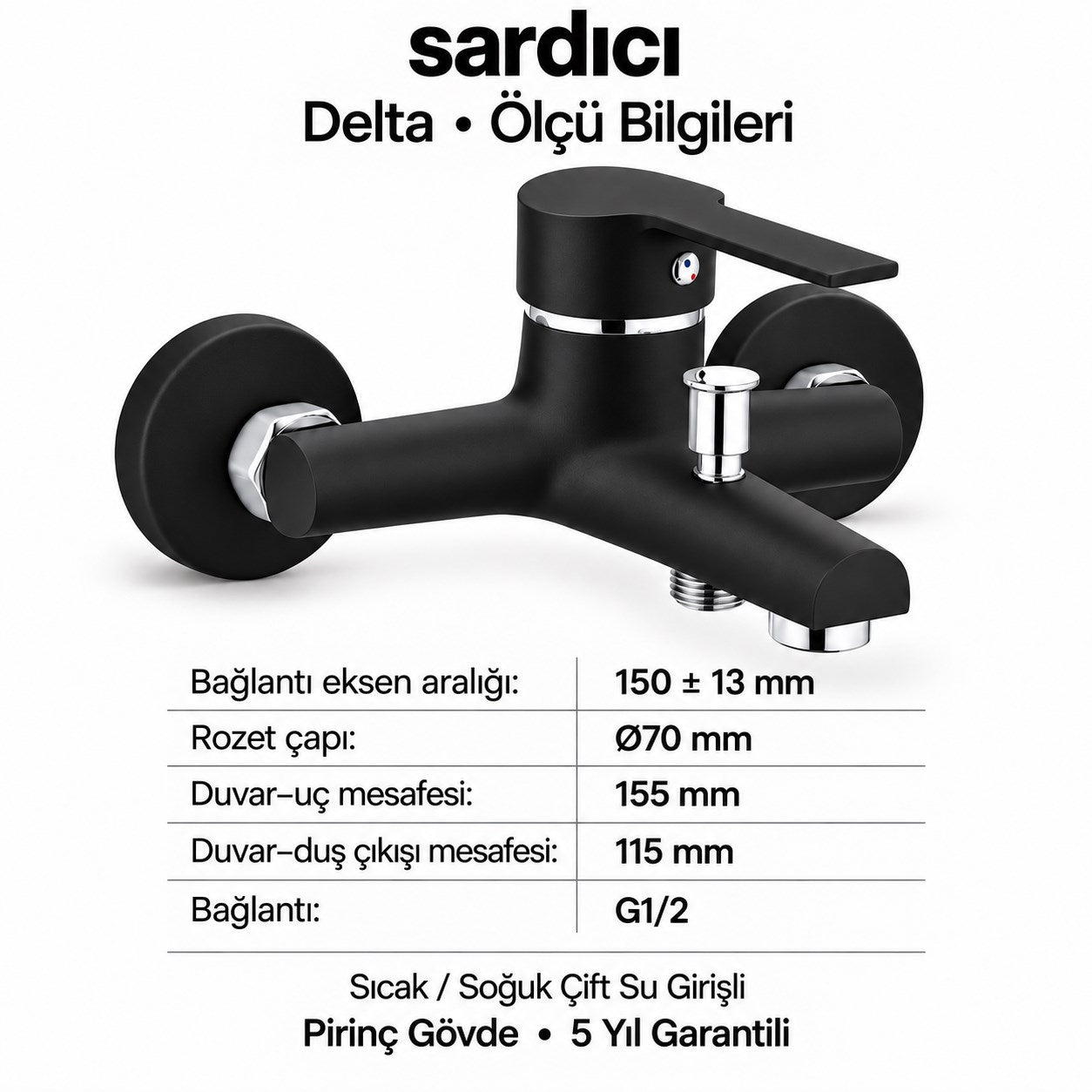Sardıcı Delta Siyah Pirinç Banyo Bataryası Dirsek Rozet Dahil 5 Yıl Garantili