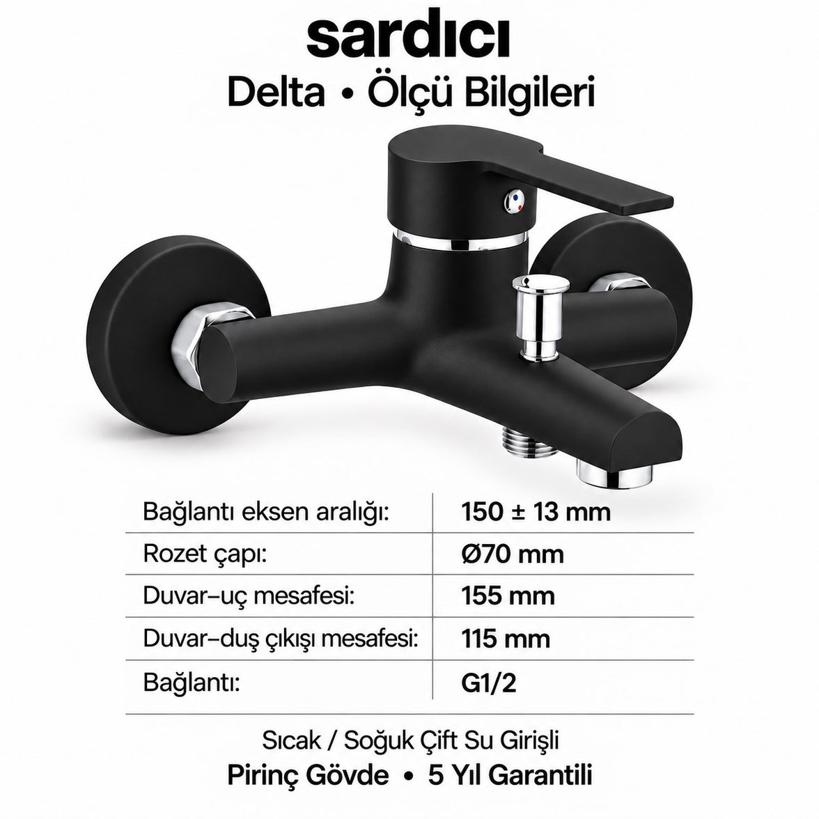 Sardıcı Delta Siyah Pirinç Banyo Bataryası Dirsek Rozet Dahil 5 Yıl Garantili