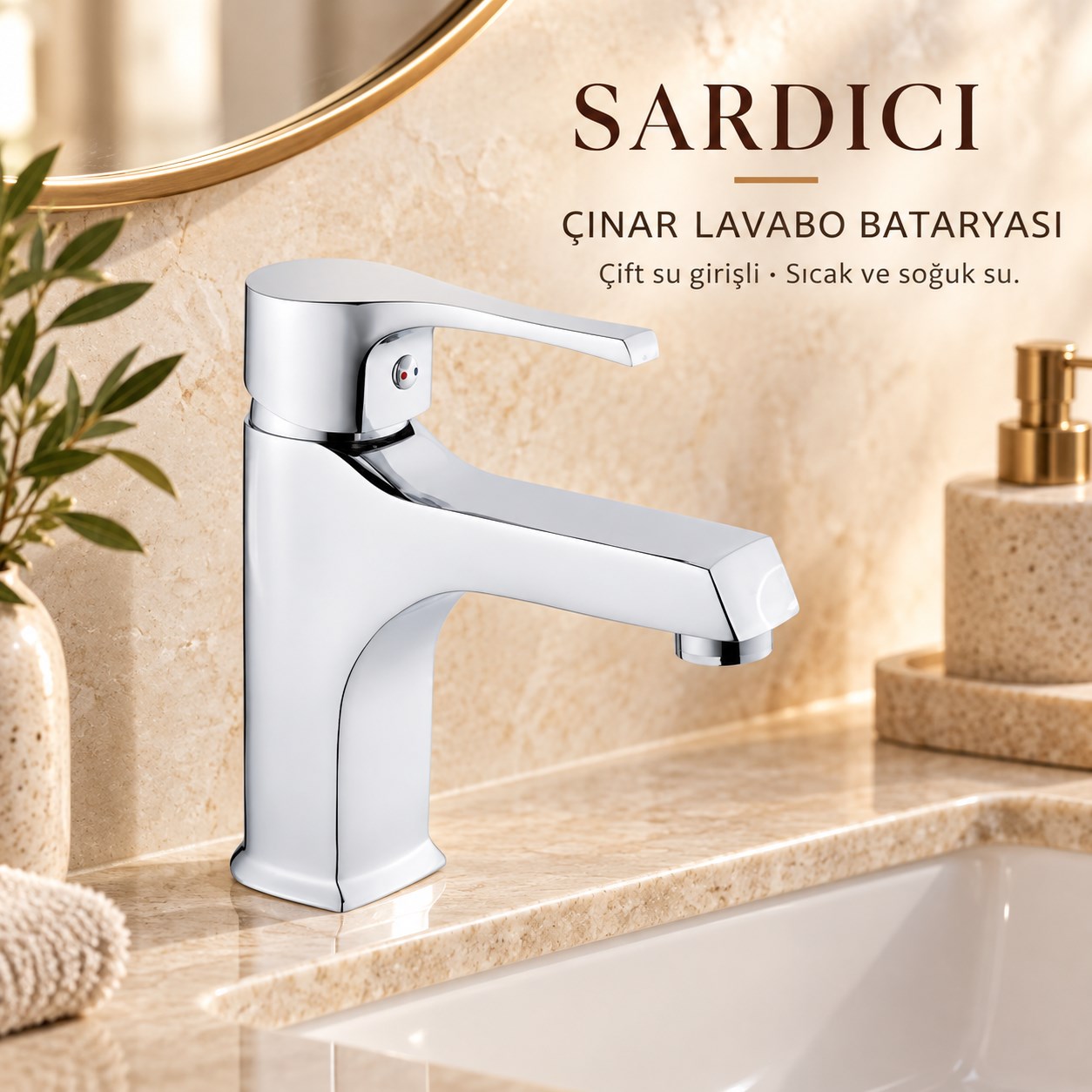 Sardıcı Çınar Krom Lavabo Bataryası Çift Su Girişli 40 cm Hortum ve Montaj Takımı Dahil
