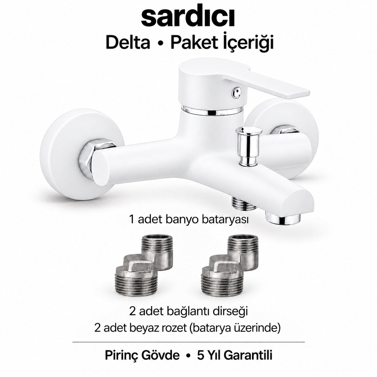 Sardıcı Delta Beyaz Pirinç Banyo Bataryası Dirsek Rozet Dahil 5 Yıl Garantili