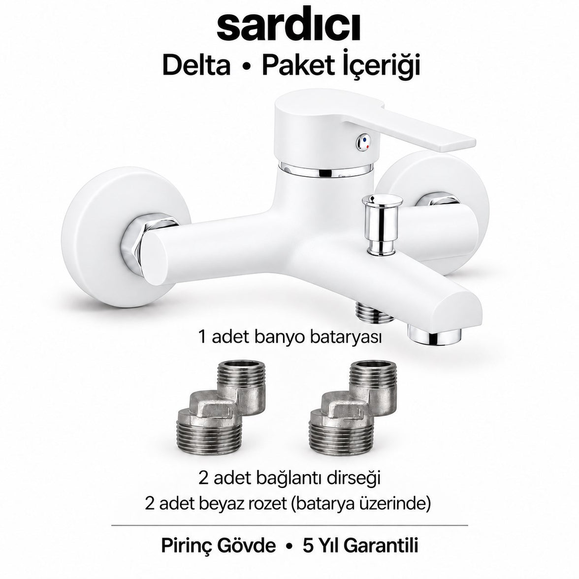 Sardıcı Delta Beyaz Pirinç Banyo Bataryası Dirsek Rozet Dahil 5 Yıl Garantili