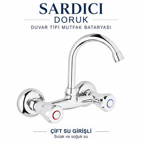 Sardıcı Doruk Krom Duvar Tipi Dik Borulu Mutfak Evye Bataryası Çift Su Girişli Dirsek Rozet Takımı Dahil