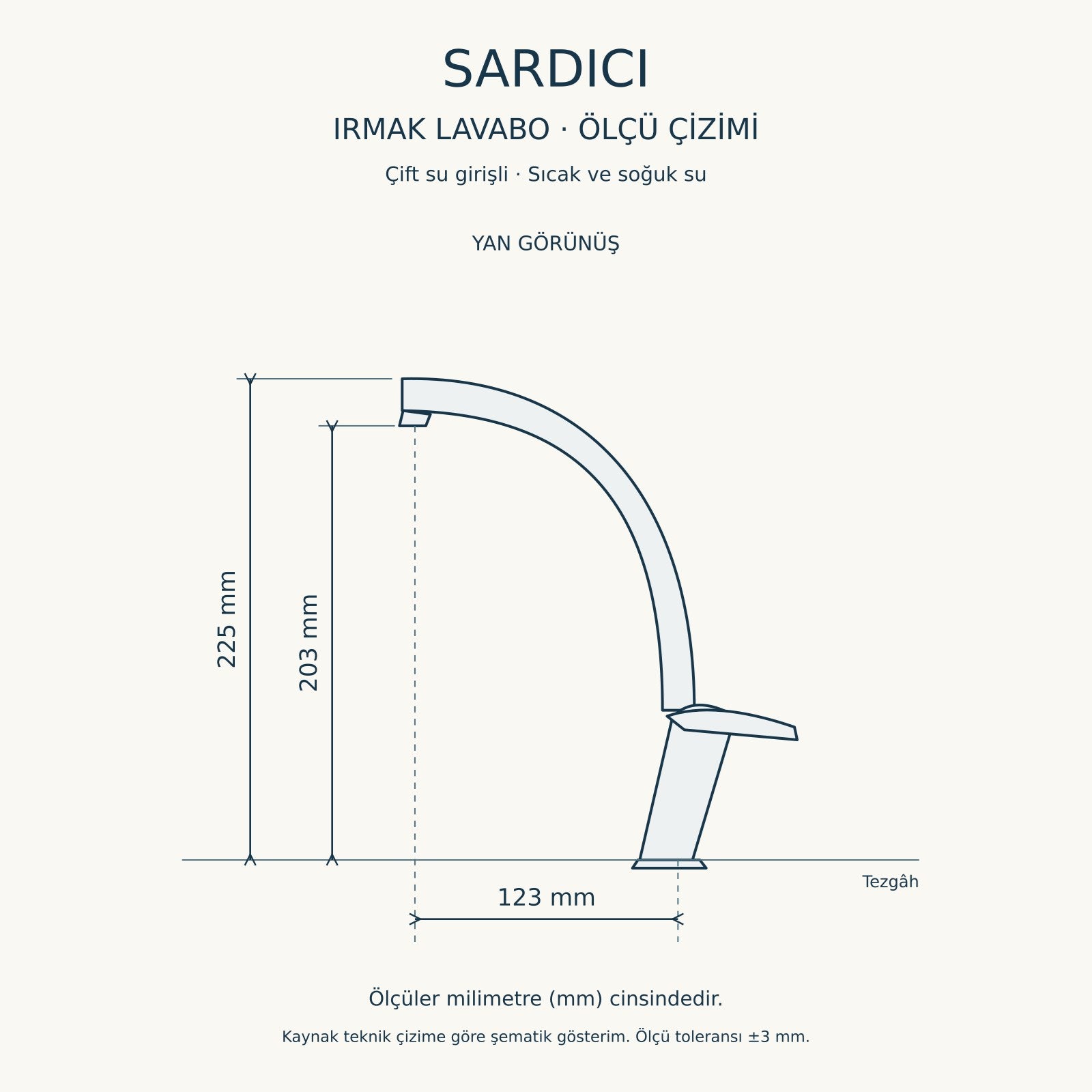 Sardıcı Irmak Krom Kısa Kuğu Lavabo Bataryası Çift Su Girişli 40 cm Hortum ve Montaj Takımı Dahil