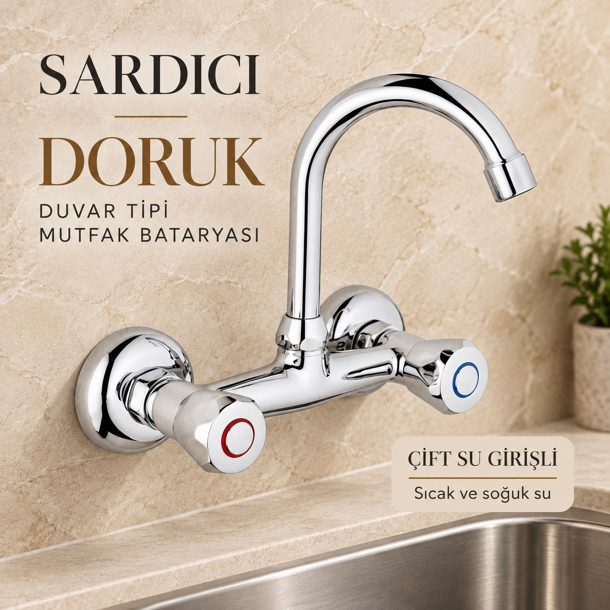Sardıcı Doruk Krom Duvar Tipi Dik Borulu Mutfak Evye Bataryası Çift Su Girişli Dirsek Rozet Takımı Dahil