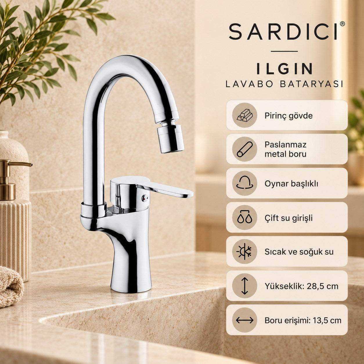 Sardıcı Ilgın Oynar Başlıklı Lavabo Bataryası Krom Pirinç Gövde Çift Su Girişli
