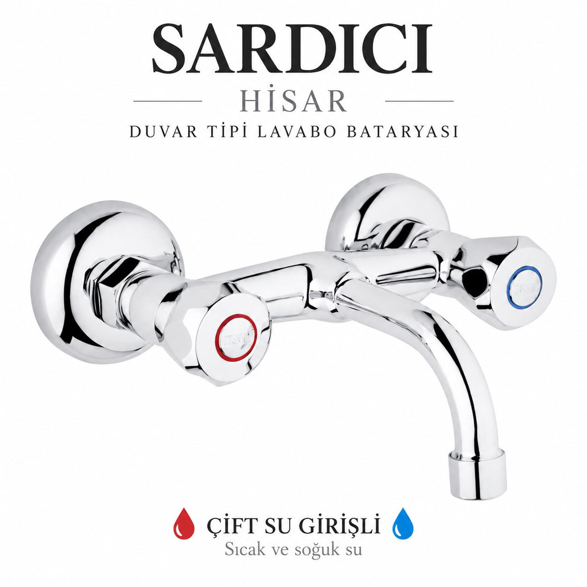 Sardıcı Hisar Krom Duvar Tipi Sabit Lavabo Bataryası Çift Su Girişli Dirsek Rozet Takımı Dahil