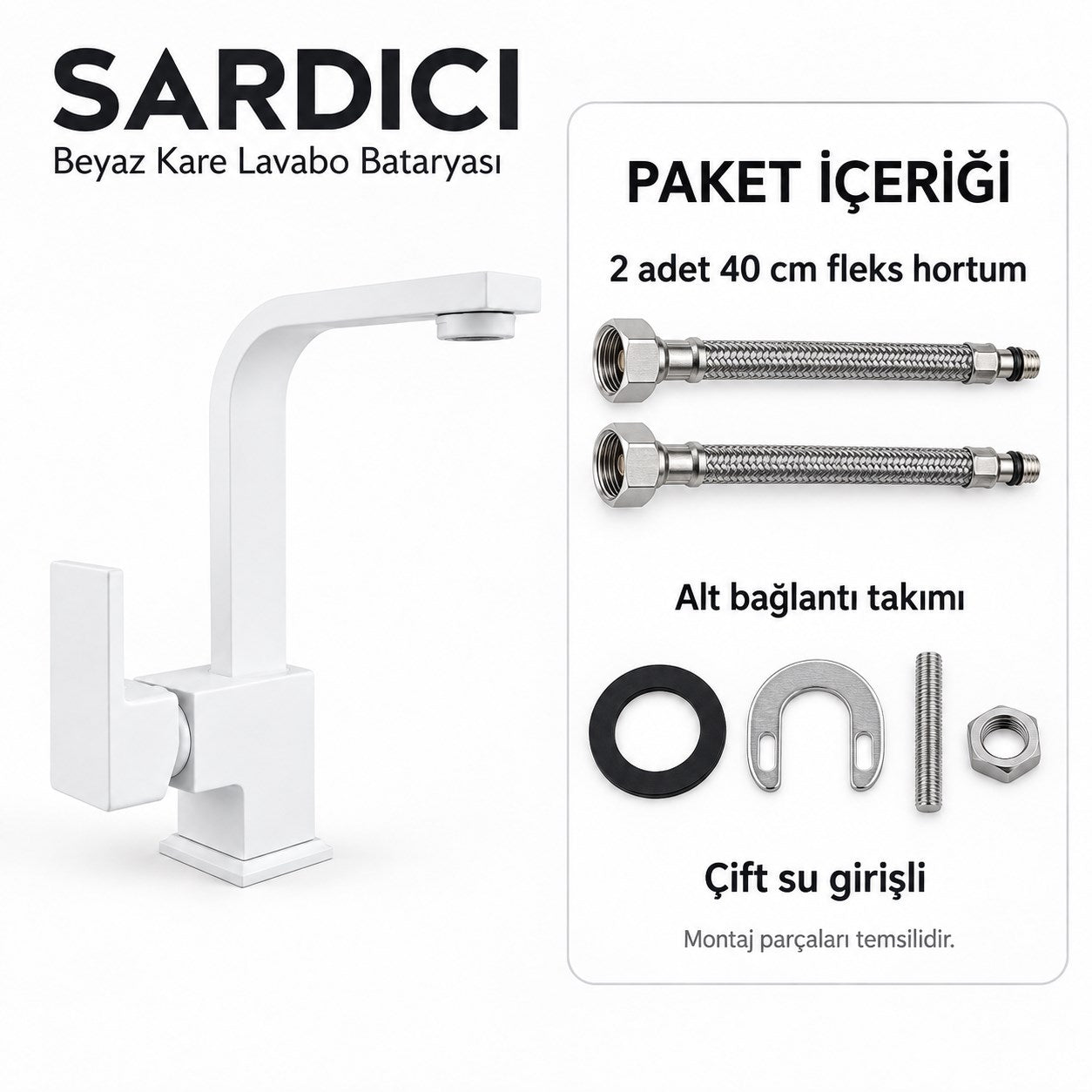 Sardıcı Beyaz Kare Lavabo Bataryası Geniş Kumanda Kollu Çift Su Girişli
