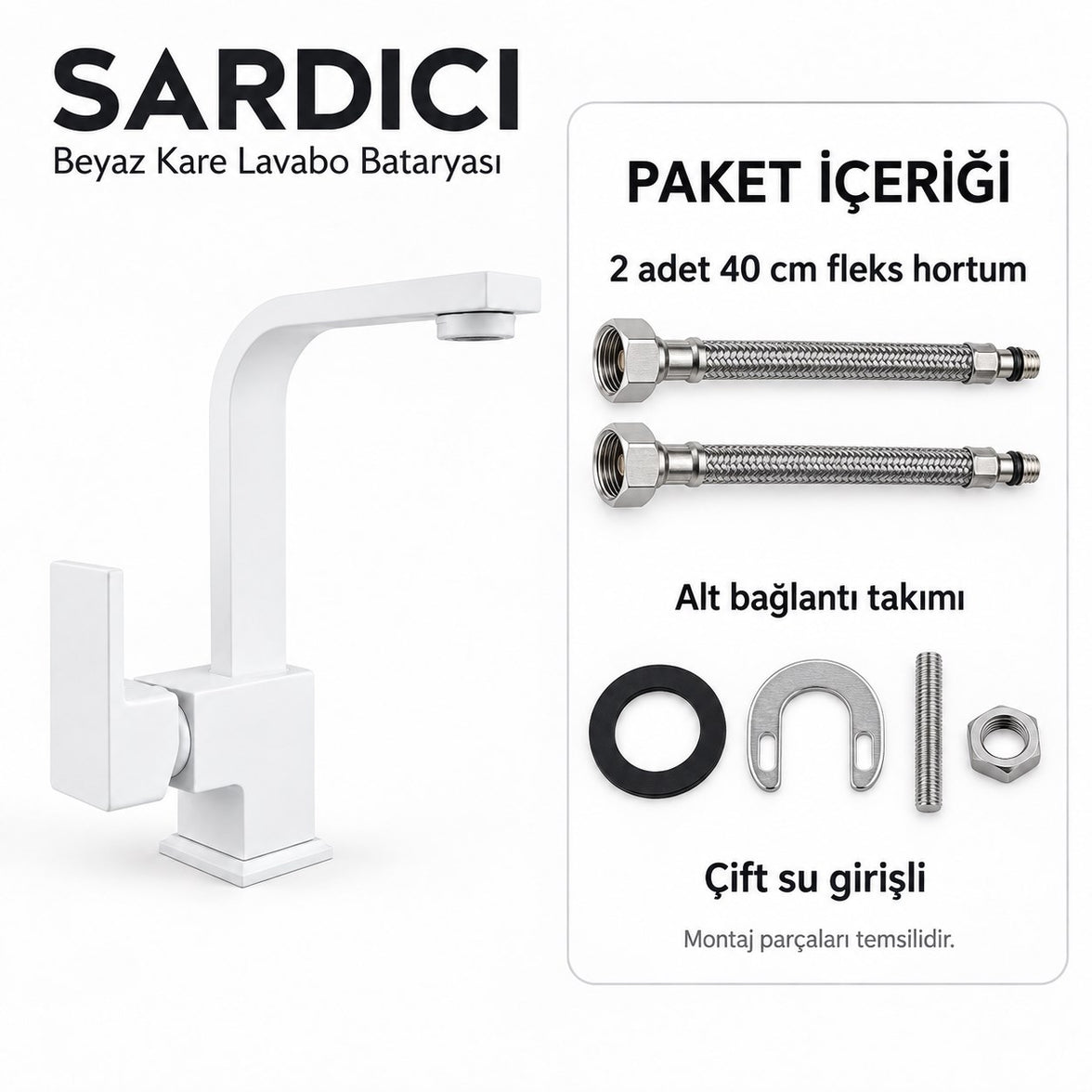 Sardıcı Beyaz Kare Lavabo Bataryası Geniş Kumanda Kollu Çift Su Girişli