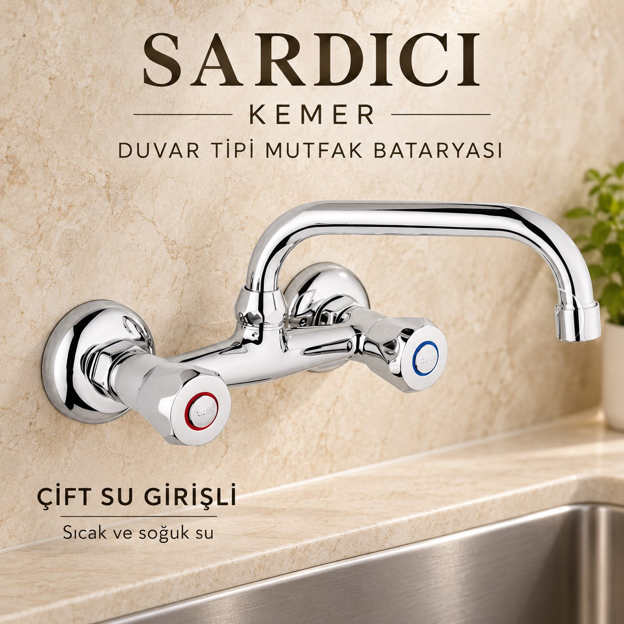 Sardıcı Kemer Krom Duvar Tipi Mutfak Evye Bataryası Çift Su Girişli Dirsek Rozet Takımı Dahil