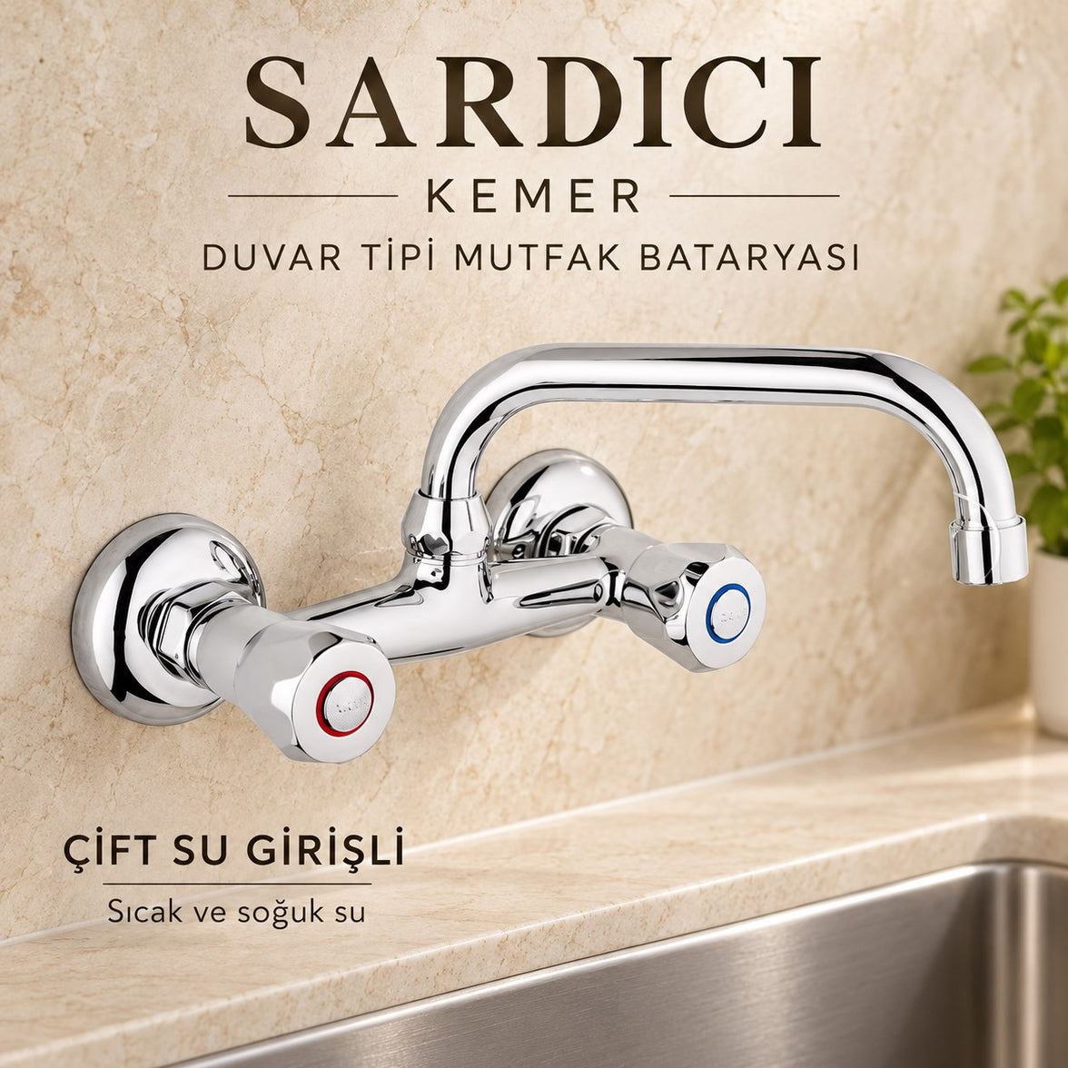 Sardıcı Kemer Krom Duvar Tipi Mutfak Evye Bataryası Çift Su Girişli Dirsek Rozet Takımı Dahil